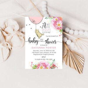 Pink Daisy A Sweet Little Hunny Is On Her Way Classic Winnie The Pooh Baby Shower Invitation, Digital Invitation,  Personalized, A158