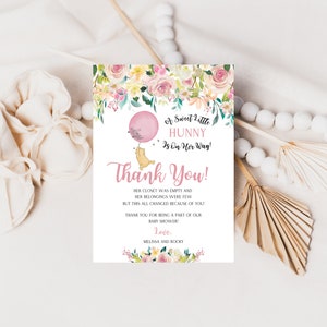 Rosa florale klassische Winnie The Pooh Babyparty Dankeskarte, digitale Dankeskarte, rosa Ballon, personalisiert, A100
