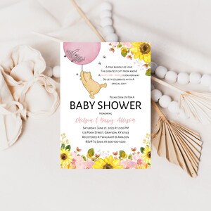 Pink Floral And Sunflower Classic Winnie The Pooh Baby Shower Invitation, Pooh With Pink Balloon, Personalized Digital Invitation. A177