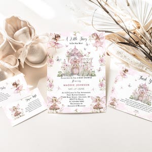 Paquete de baby shower de hadas: invitaciones, libros de agradecimiento para rifa de pañales, baby shower de niña, rosa y morado, imprimible, digital A359