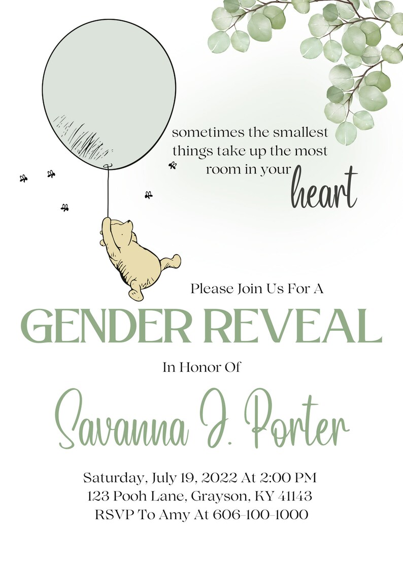 Classic Winnie the Pooh Gender Reveal Invitation Green Etsy