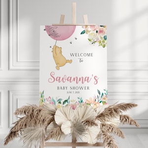 Personalized Digital Winnie The Pooh Baby Shower Welcome Sign, Pooh Pink Balloon, Winnie the Pooh Theme Decor, Cute Pooh Party Sign A100