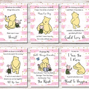 Set Of 6 Classic Winnie The Pooh Quotes, Girl Baby Shower, Digital Prints, Instant Download, Nursery, Baby Shower Gift