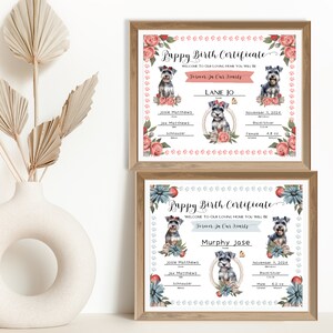 Certificado de nacimiento de cachorro Schnauzer, formularios de nacimiento de criador, regalo para nuevo dueño de perro, nuevo cachorro, certificado de nacimiento de cachorro imprimible, A263