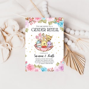 Watercolor Floral Baby Winnie The Pooh And Friends Gender Reveal Invitation, Digital Download, Printable, Personalized, A181