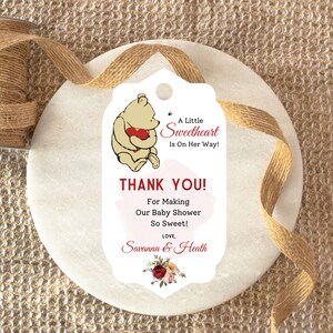 Klassiek Winnie de Pooh babyshower bedankkaartje, bedankkaartjes, cadeaukaartjes, een klein liefje, roze bloemen, gedrukt en verzonden, gepersonaliseerd