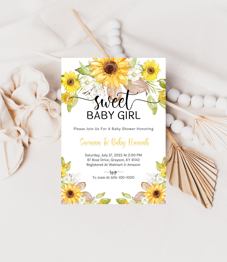 Sweet Baby Girl Sunflower Baby Shower Invitation Watercolor Sunflowers Digital Invitation Printable A132
