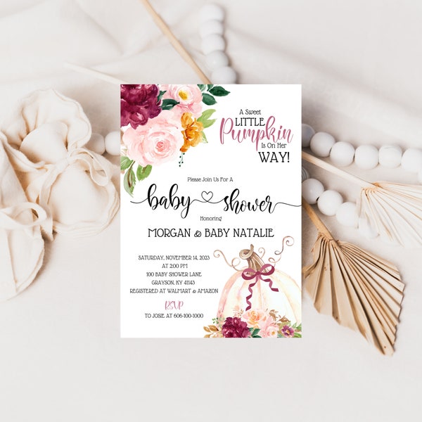 Pink And Orange Watercolor Floral A Sweet Little Pumpkin Is On Her Way Girl Baby Shower Invitation, Personalized Digital Invitation, A197