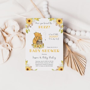 Classic Winnie The Pooh Baby Shower Invitation, Have You Heard The Buzz? A Sweet Little Hunny Is On The Way, Watercolor Sunflowers, A112