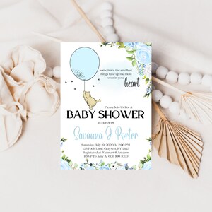 Blue Floral Classic Winnie The Pooh Baby Shower Invitation, Blue Watercolor Florals, Blue Balloon, Digital Invitation, Personalized, A180