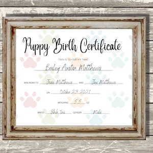 Welpen Geburtsurkunde, Züchter Geburtsformen, Geschenk für neue Hundebesitzer, neue Welpe Geschenk, druckbare Welpen Geburtsurkunde