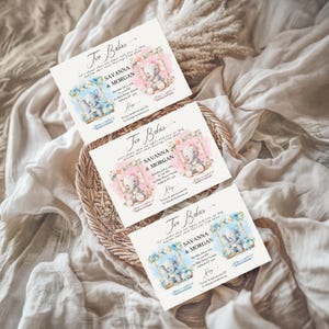 Convite para chá de bebê duplo elefante aquarela rosa e azul, chá de bebê conjunto, convite digital, para impressão, personalizado, A270