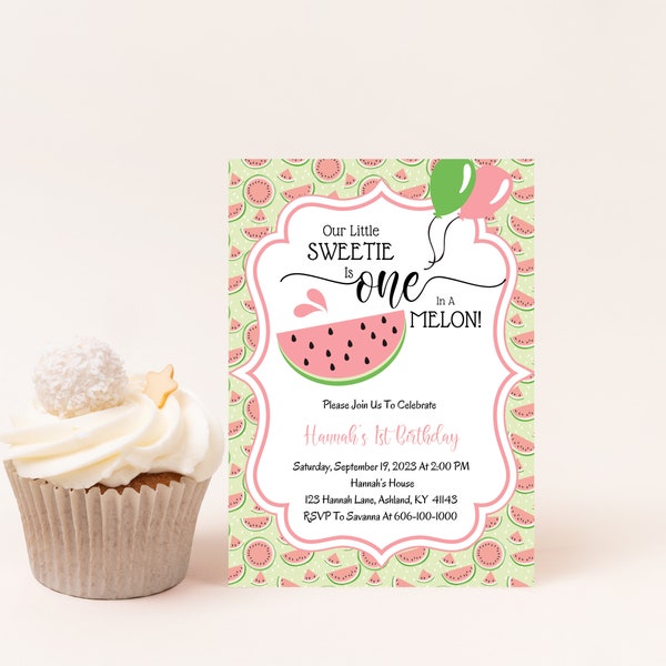 Our Little Sweetie Is One In A Melon Watermelon Girl Birthday Invitation, First Birthday, Printable Personalized Digital Invitation, A224