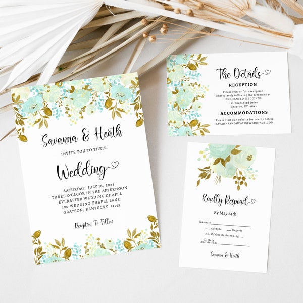 Watercolor Mint And Gold Floral  Wedding Invitation With RSVP Card And Details Card, Simple Wedding, Elegant Wedding, Modern Wedding, A257