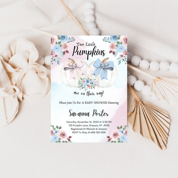 Two Little Pumpkins Are On Their Way Blue & Pink Watercolor Floral Twin Baby Shower Invitation, Digital Invitation, Personalized, A193
