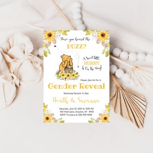 Classic Winnie the Pooh Gender Reveal Invitation, Have You Heard The Buzz?,  Watercolor Sunflowers, Digital Invitation, Personalized, A112