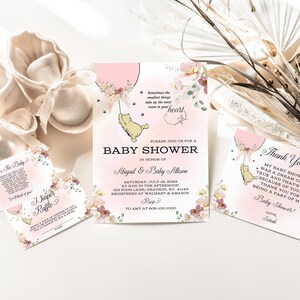 Classic Winnie the Pooh Pink Watercolor Floral Baby Shower Invitation Bundle, Girl Baby Invite, Digital Personalized, A260