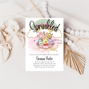 Regenboog besprenkeld met liefde Baby Winnie de Poeh en vrienden baby shower uitnodiging, digitale uitnodiging, afdrukbaar, gepersonaliseerd, A202