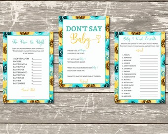 Set Of Three Teal And Yellow Watercolor Rose Baby Shower Games Pack,  New Baby, Baby Girl, Digital Games, 5x7 Printable Games, A232