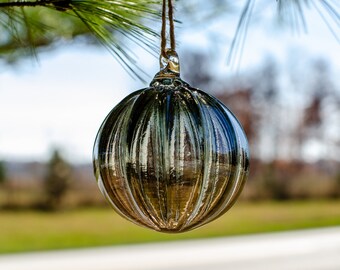 Smokey Gray Ribbed Glass Ornament