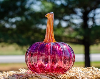 Cranberry and Gold Glass Pumpkin with Straight Stem