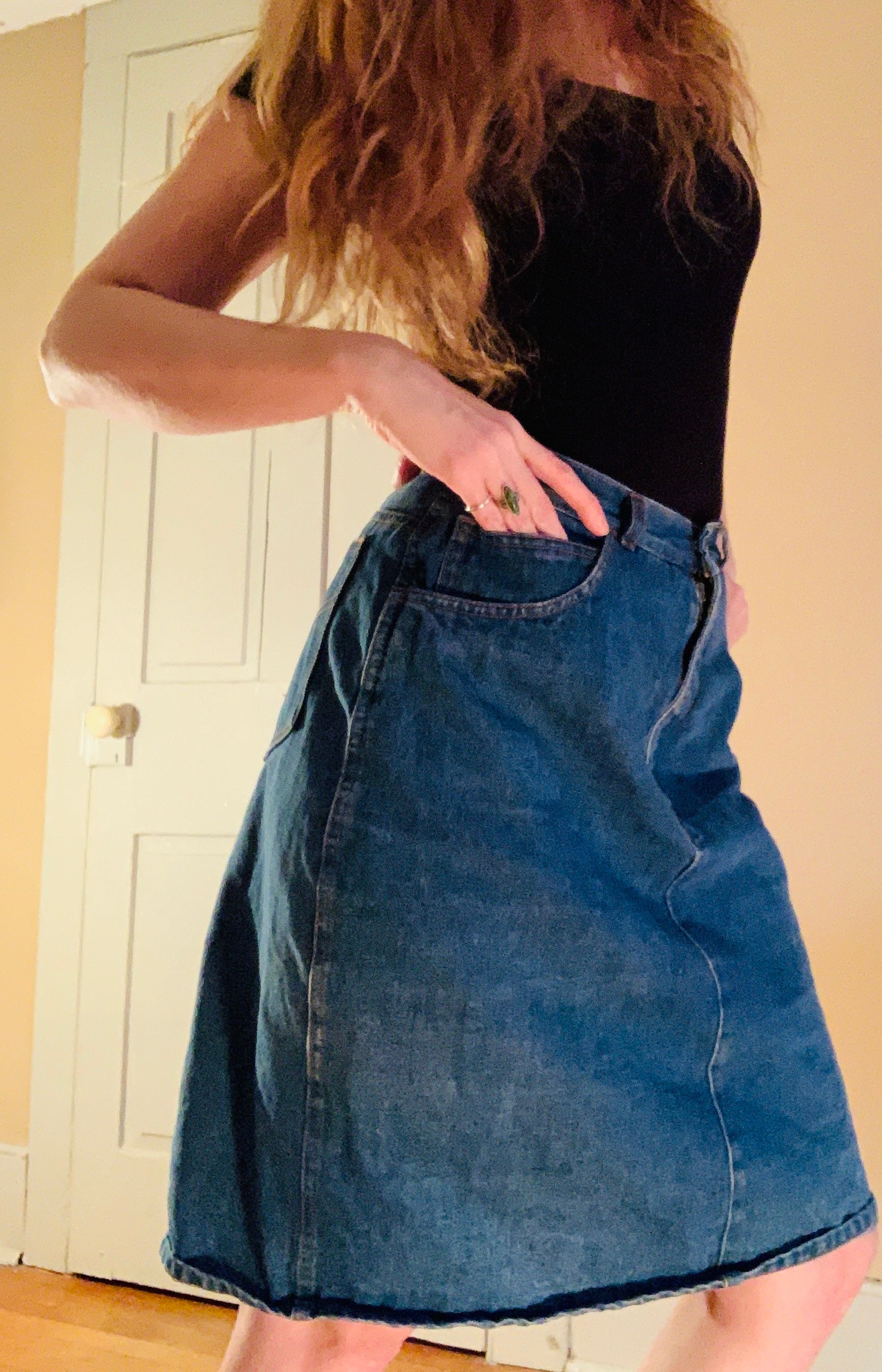 Denim skirt knee length cheap a-line