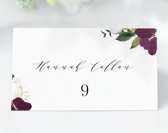 Burgundy Wedding Place Names Template - Printable Wedding Name Card, Wedding Place Cards Template, OM-029, Printable Plum Wedding Name Cards