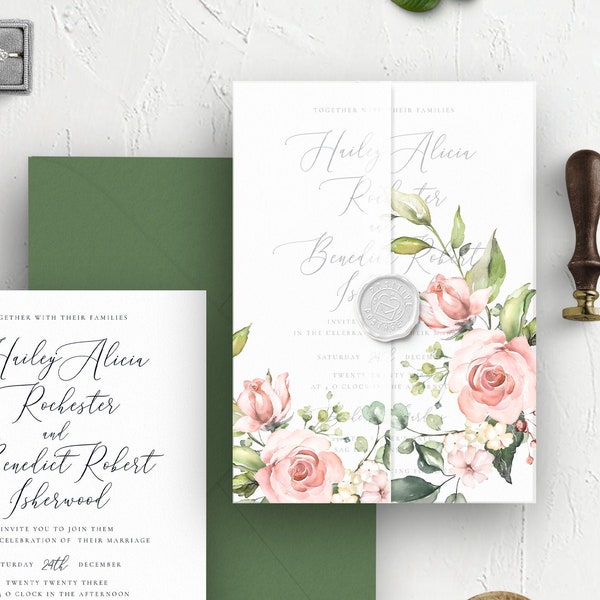 DIY Printable Vellum Wrap, Pink Roses Floral Vellum Jacket, Wedding Invitation Pocket, OM-046, Instant Download, Print, Vellum Envelope