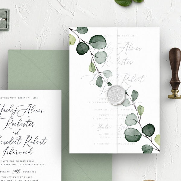 DIY Printable Vellum Wrap, Eucalyptus Vellum Jacket, Greenery Wedding Invitation Pocket, OM-022, Instant Download, Print, Vellum Envelope