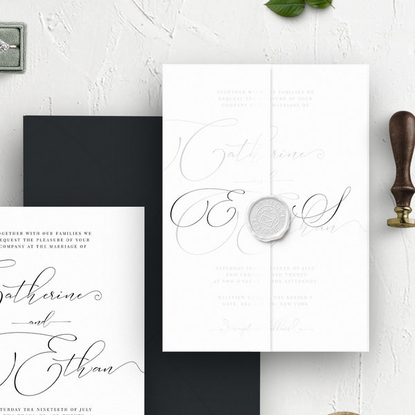 DIY Printable Monogram Vellum Wrap, Elegant Personsalized Vellum Jacket, Wedding Invitation Pocket, OM-021, Instant Download, Print