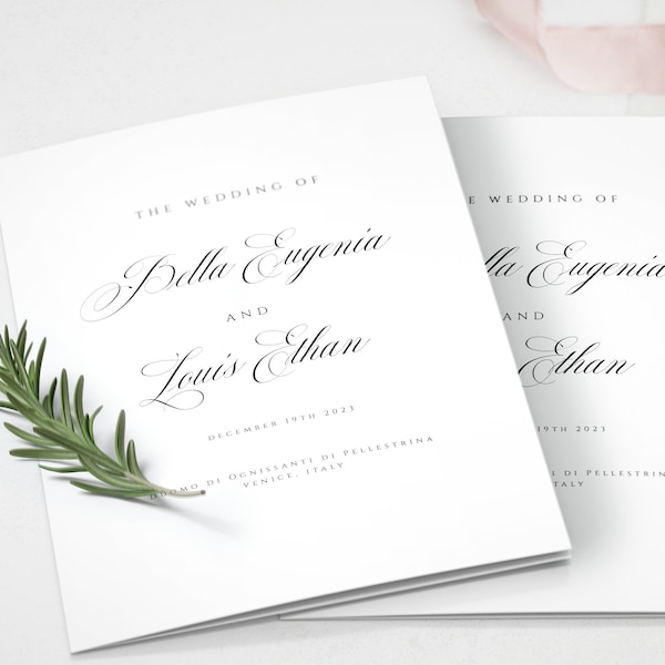 Elegant Folded Wedding Program, Printable Wedding Ceremony Template, Editable, Program Booklet, OM-028, Download, Black, White, Calligraphy