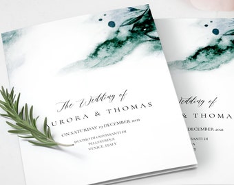 Folded Emerald Green Wedding Program, Printable Wedding Ceremony Template, Editable, Program Booklet, OM-036, Download, Modern, Watercolor