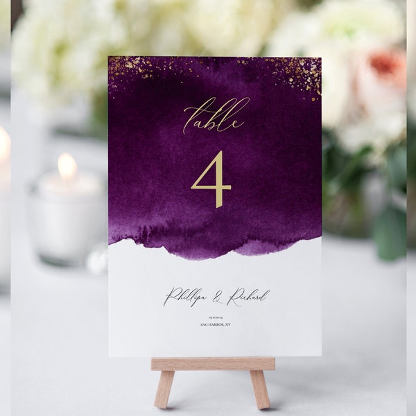 Plum Wedding Table Numbers Template, Purple Wedding Table Numbers, Wedding Table Number Cards, OM-064, Merlot, Printable, Gold, Download