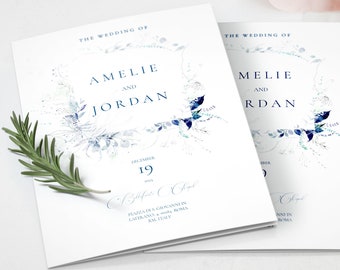 Folded Catholic Wedding Program, Navy Printable Wedding Ceremony Template, Editable Program Booklet, OM-042, Dusty Blue, Floral, Download