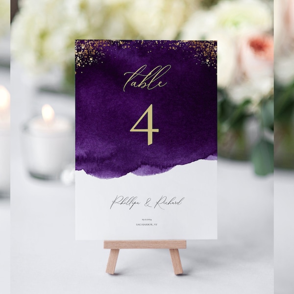 Purple Wedding Table Numbers Template, Wedding Table Numbers, Wedding Table Number Cards, OM-065, Merlot, Printable, Gold, Download