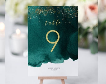 Emerald Green and Gold Wedding Table Number Cards, Table Numbers Template, Wedding Table Number Cards, OM-045, Printable, Instant Download