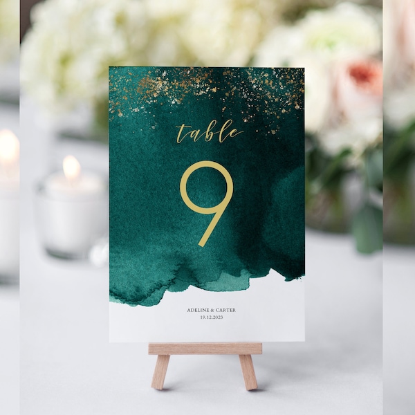 Emerald Green and Gold Wedding Table Number Cards, Table Numbers Template, Wedding Table Number Cards, OM-045, Printable, Instant Download