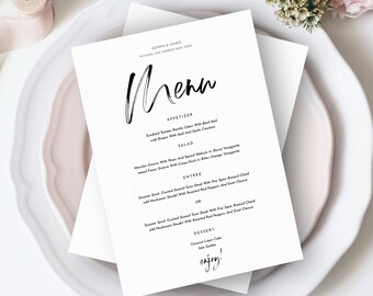 Modern Wedding Menu Template - Printable Wedding Menu Download, Floral Menu, Printable Wedding Menu, OM-041, Menu Template, Black, White