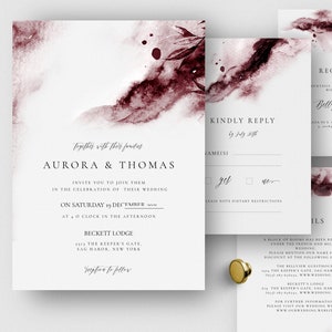 Burgundy Wedding Invitation Set, Printable Watercolor Invitation Bundle, Modern Invite Wedding Template, OM-091, Abstract, Download, Merlot