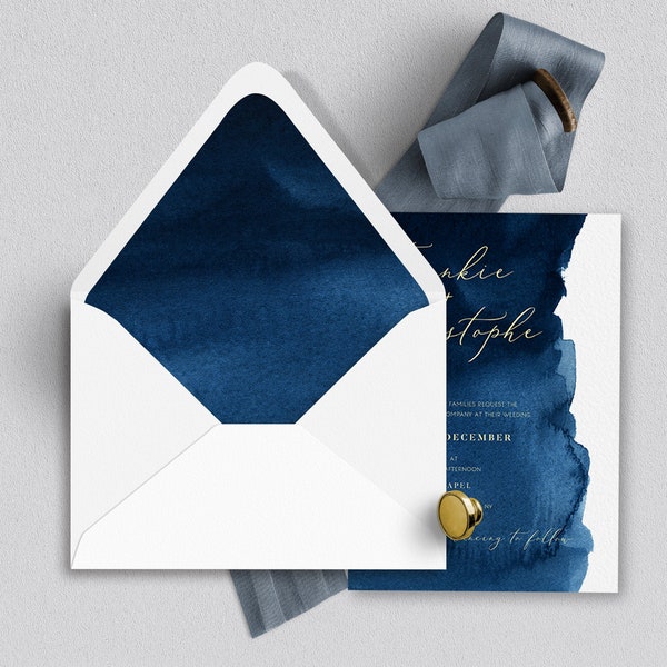 Navy Blue Envelope Liner Template, Printable Envelope Liner, Wedding Envelope Template, OM-037, A7, Print at Home, Euroflap, Square Flap