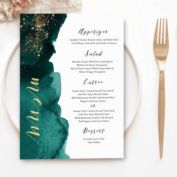 Emerald Wedding Menu Template - Printable Green Wedding Menu Download, Modern Wedding Menu, Editable Wedding Menu, OM-045 Menu Card, Gold