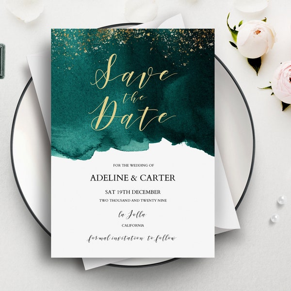 Emerald Green Save The Date Template, Modern Green and Gold Wedding Insert Cards, Printable, OM-45, Editable, Instant Download, With Photo,
