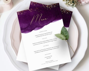 Plum Wedding Menu Template, Printable Wedding Menu Download, Modern Menu, Printable Wedding Menu, OM-064, Menu Template Card, Gold, Purple