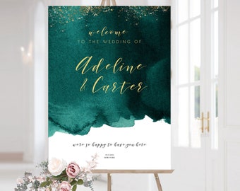 Emerald Green Wedding Welcome Sign, Wedding Reception Sign Template, Editable, Large Wedding Welcome Sign, OM-045, Instant Download, Gold