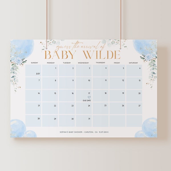 Guess The Due Date Calendar, It's A Boy Blue and White Birth Date Poster, Blue Balloons Guess The Arrival Date Shower Sign, Download WSBS-01