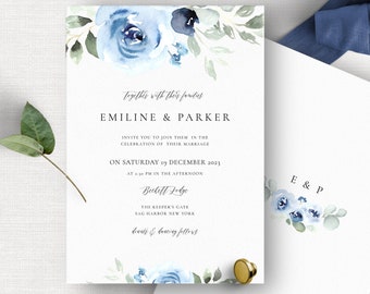 Dusty Blue Wedding Invitation Template - Editable Floral Wedding Invite, PrintableWedding Invitation, Instant Download, OM-039, Navy