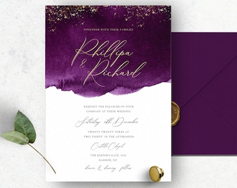 Plum Wedding Invite Template -  Purple and Gold Wedding Invitation, Printable Wedding Invitation, OM-064, Instant Download, Editable, Modern