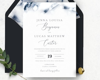 Navy Wedding Invitation Template, Modern Watercolor Wedding Invite, Marble Invitation, OM-074, Download, Printable, Editable, Blue, Download