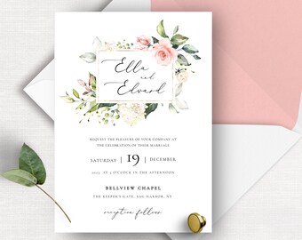 Summer Wedding Invitation Template, Editable Pink Floral Wedding Invite, Printable Wedding Invitation, Download, OM-046, Greenery, White