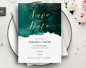 Emerald Green Save The Date Template, Modern Green and Gold Wedding Insert Cards, Printable, OM-45, Editable, Instant Download, With Photo,